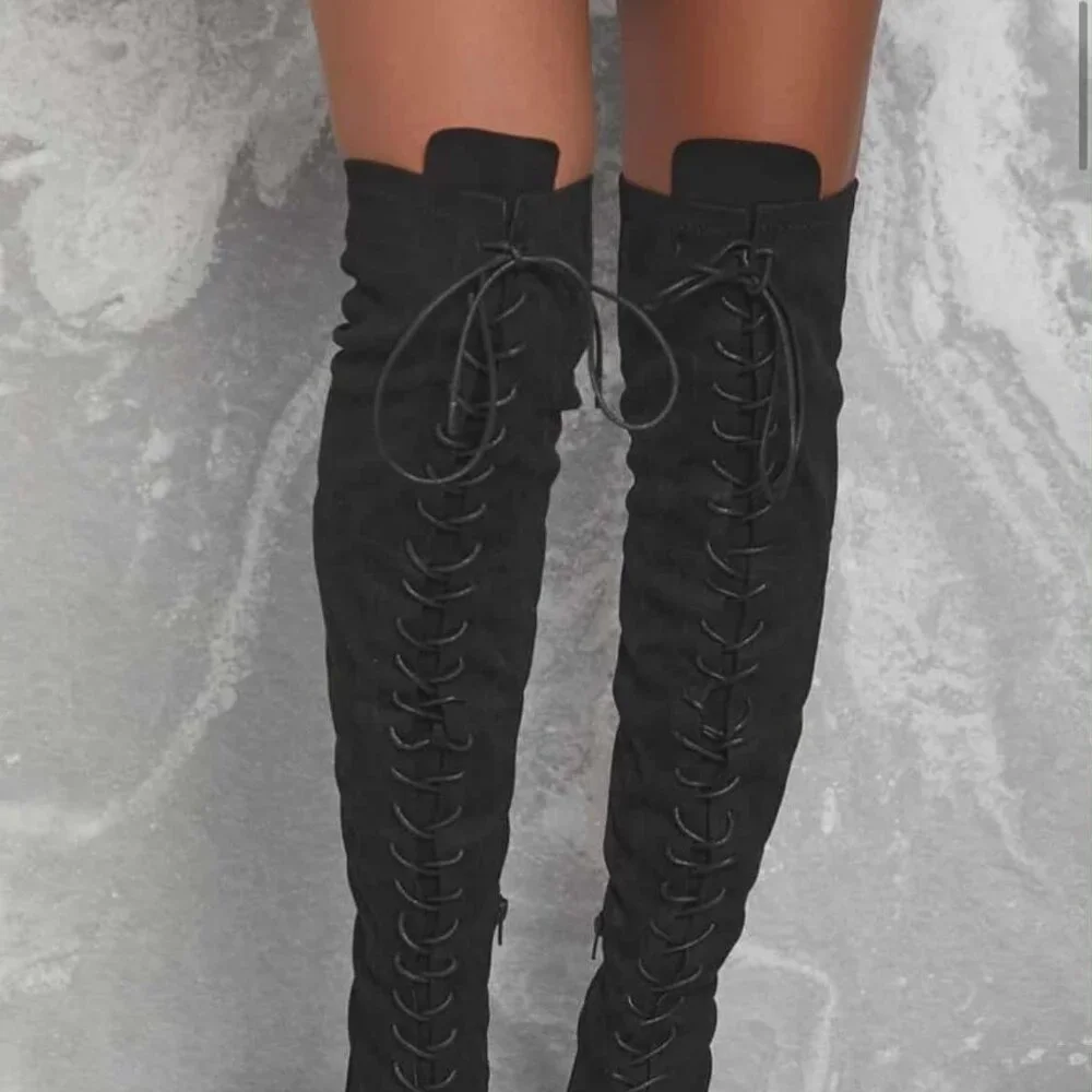 Faux Suede Lace-Up Bow Decor Thigh-High Boots Size 8